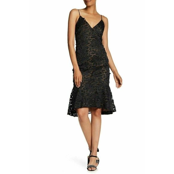 Vera Wang Women's Black Floral Ruffle Lace Cocktail Dress Size 8 - Picture 1 of 11